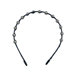 Blue beaded headband for women, anti-slip hair hoop with silver pearls for daily styling.