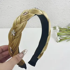 Gold Velvet Braided Headband with Star and Football Charms Fashion Hair Hoops for Women