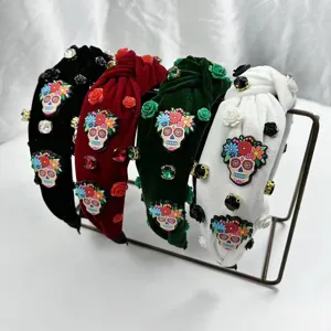 Halloween Skull Headband Rhinestone Rose Knotted Fabric Hair Hoop Festival Party Hair Accessories For Women