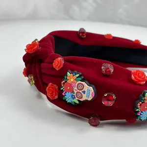 Red velvet knotted headband with Halloween skull rhinestone floral festival hair accessories