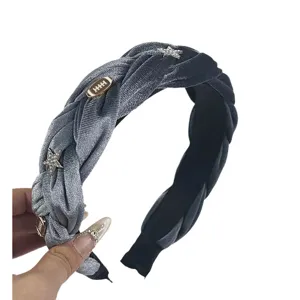 Grey velvet braided headband with rhinestone stars and charms for women and girls autumn winter
