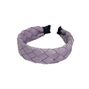 Purple braided wide headband, faux leather woven hair hoop, stylish padded hair accessory for women.