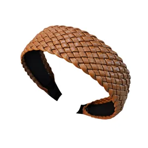 Brown PU leather woven headband, wide anti-slip hair hoop, elegant fashion hair accessory.