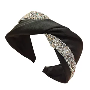 Black satin rhinestone headband for women, stylish twisted wide hair hoop accessory.