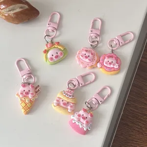Cute pink pig keychains set, sweet dessert style key rings for bags and gifts, kawaii.