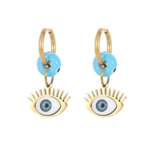 Vergoldete Edelstahl Evil Eye Creolen mit blauem Auge und Anhänger im modernen Stil neu