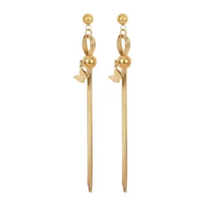 Pendientes largos dorados para mujer, elegante joyería de acero con borla y mariposa.