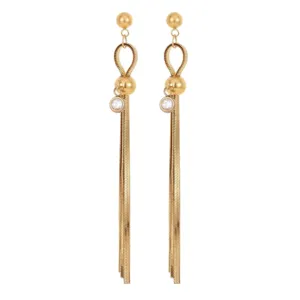 Pendientes largos dorados de acero inoxidable con colgante de cristal brillante de moda.