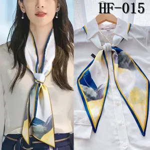 Silk scarf women long narrow ribbon for shirt suit bag elegant blue yellow abstract print