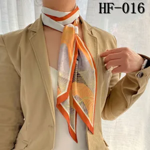 Orange white skinny silk scarf, abstract geometric print neckerchief for women suit outfit