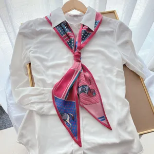 Vintage carriage pattern silk twilly scarf for women, elegant necktie and bag ribbon.