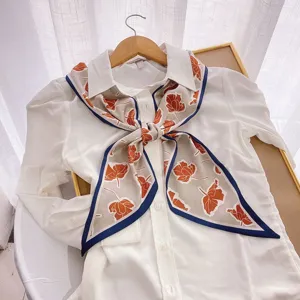 Floral print long narrow silk scarf elegant ribbon neckerchief for women spring autumn