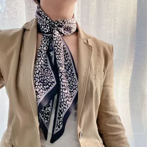 Black and white leopard print silk scarf, elegant long twilly ribbon for women daily wear.