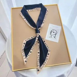 Chic narrow silk scarf for women, elegant contrast color print twilly ribbon for daily wear.