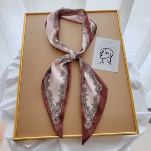 Long silk scarf detailed view, pink brown floral print ribbon neckerchief for women.
