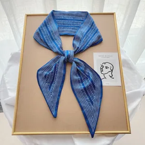 Blue skinny silk scarf with geometric pattern, elegant twilly ribbon for women spring and autumn