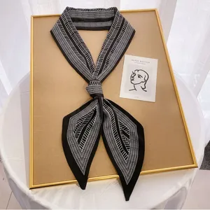 Black and white geometric narrow silk scarf, elegant twilly ribbon for women bags and neck.
