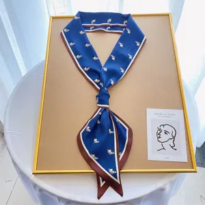 Women narrow silk scarf classy blue long neckerchief elegant horse print hair ribbon.