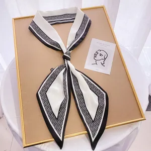 Chic black and white geometric long silk scarf, elegant ribbon neckerchief for women.