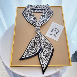 Black and white zebra print long silk scarf chic stylish twilly ribbon neckerchief for women