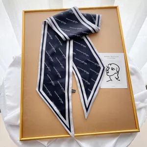 Navy blue long silk scarf narrow twilly ribbon for women necktie handbag chic design