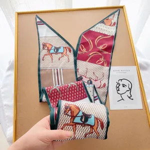 Elegant silk skinny scarf with classic equestrian horse and belt print, versatile neck ribbon.
