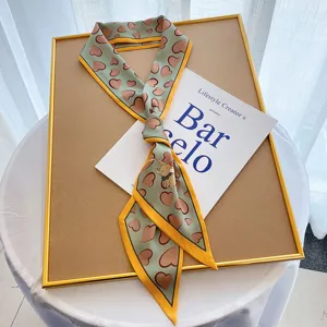 Long silk scarf for women stylish cute heart print imitation silk neck ribbon accessory