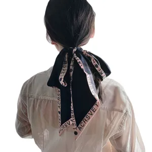 Black silk hair scarf ribbon ponytail holder elegant floral print long hair bow accessory