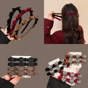 Velvet braided hair clips rhinestone heart side clips multi-section hair styling tools