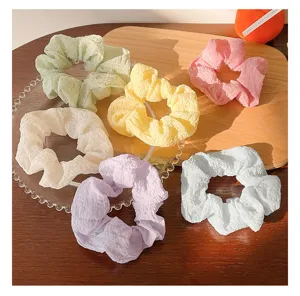 Colorful puff hair scrunchies set, soft pastel fabric hair ties for women daily styling.