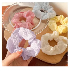 Macaron color plush scrunchies set, soft fabric fluffy hair ties for women and girls daily styling.