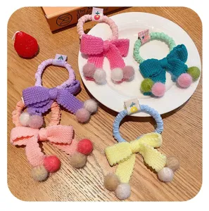 Lindos coleteros de punto con lazo y pompones esponjosos, gomas de pelo coloridas para niñas.