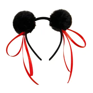 Black fluffy pompom headband with red ribbons cute hair hoop for women and girls daily wear