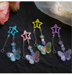 Y2K dopamine star hair clip set with laser butterfly tassels, sweet and cool aesthetic hairpin.