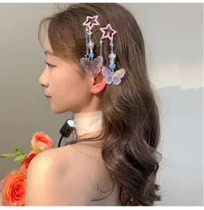 Y2K dopamine pink star laser butterfly tassel hairpin sweet cool side hair clip decor