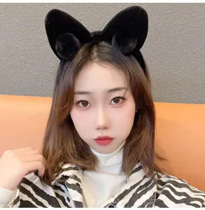 Cute black plush cat ear headband detail shot, soft texture, perfect for daily wear.