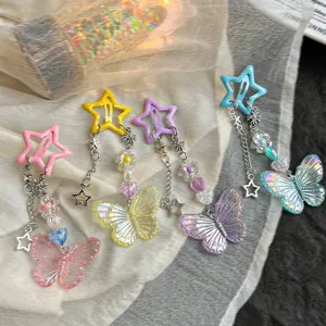 Y2K dopamine sweet and cool star hairpin with laser butterfly charm and metal tassel chain.