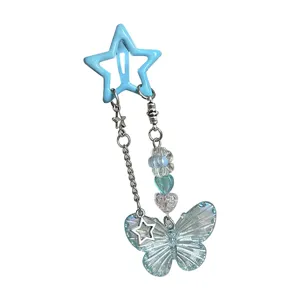 Y2K Dopamine Blue Star Hairpin Laser Butterfly Beaded Tassel Side Clip Cute Hair Accessory