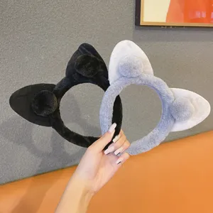 Plush cat ear headband for women, cute winter fluffy hair hoop and face washing hair accessories.