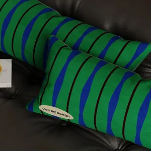 Detail van een groen-blauwe gestreepte kussen met zachte stof en stijlvol retro design.