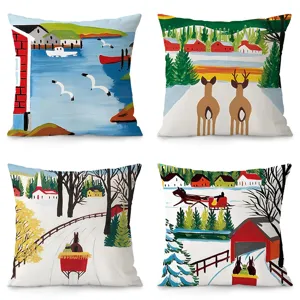 Nordic Folk Art Landscape Velvet Throw Pillow Cover Decorative Square Cushion Cover For Sofa Living Room Home Decor