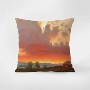 Detail view of the French vintage oil painting velvet throw pillow with artistic sunset scenery.
