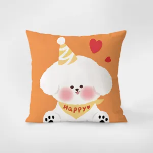 Cute cartoon dog throw pillow cover detail, orange cushion case with lovely puppy pattern.