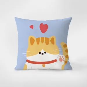 Cute cartoon cat print cushion detail, soft fabric, lovely pink paws and heart design for cozy home.