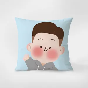 Cute cartoon boy print throw pillow cover, soft blue cushion case for living room sofa decor.