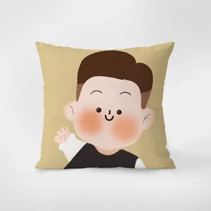 Close-up detail of the cute cartoon boy printed pillow cover, soft velvet fabric texture.