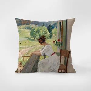Detail view of the artistic oil painting velvet throw pillow, showing vintage aesthetic texture.