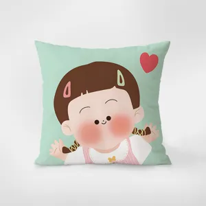 Decorative throw pillow case with cute cartoon girl print, modern sofa cushion cover.
