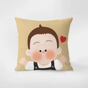 Cute cartoon baby print throw pillow cover, soft velvet fabric detail for living room decor.