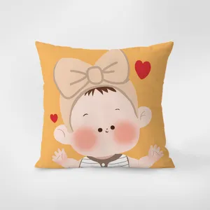 Cute cartoon baby girl patterned decorative throw pillow cover for living room sofa and home decor.